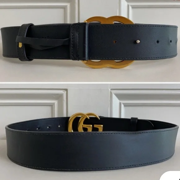 Gucci Black Smooth Calfskin Leather Gold Double G Buckle  display picture 3